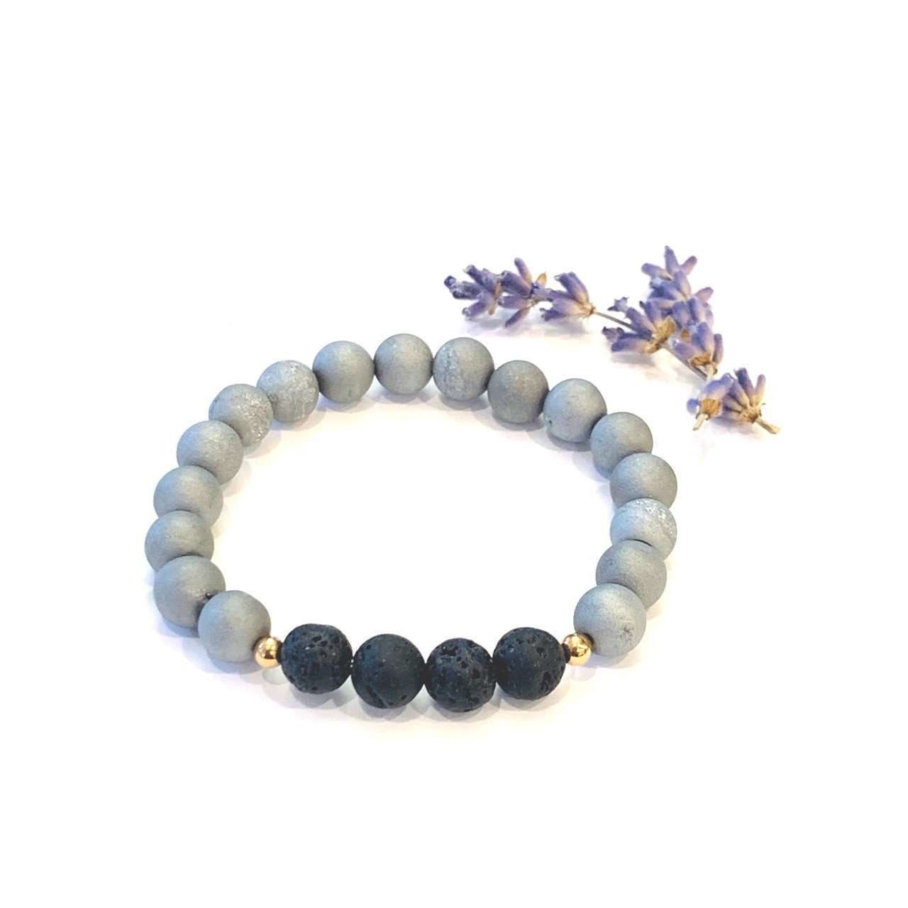 Matte Grey Druzy + Lava Bracelet - Mala & Me- Gemstones with beautiful geometric pendents inspired by nature- Jewlery used for meditation, setting intentions and enhancing your yoga practice. Each gemstone holds unique healing properties