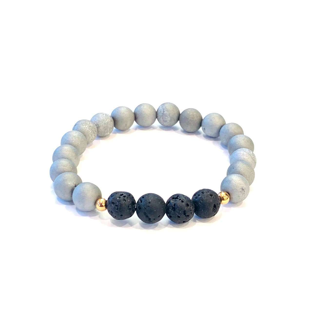 Matte Grey Druzy + Lava Bracelet - Mala & Me- Gemstones with beautiful geometric pendents inspired by nature- Jewlery used for meditation, setting intentions and enhancing your yoga practice. Each gemstone holds unique healing properties
