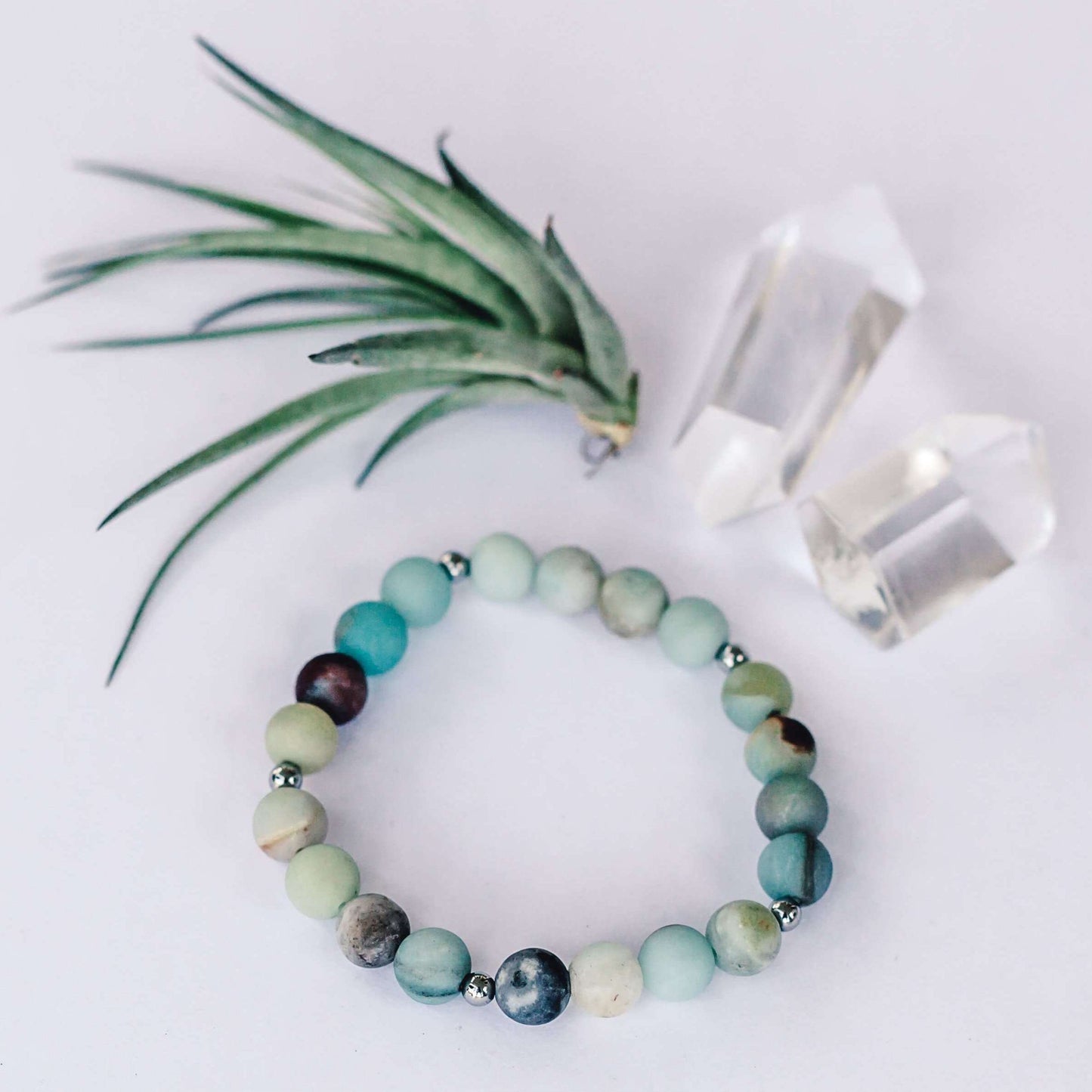 Matte Amazonite Bracelet - Mala & Me- Gemstones with beautiful geometric pendents inspired by nature- Jewlery used for meditation, setting intentions and enhancing your yoga practice. Each gemstone holds unique healing properties