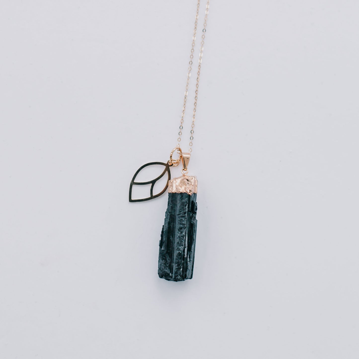 Gold Black Tourmaline + Leaf Pendant Necklace - Mala & Me