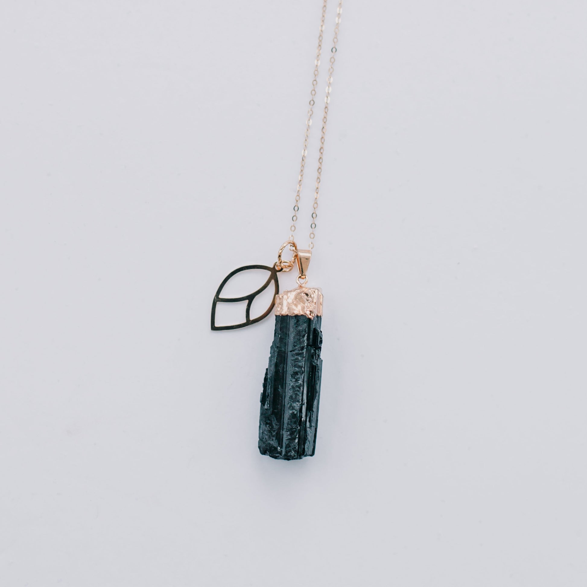 Gold Black Tourmaline  + Leaf Pendant Necklace - Mala & Me