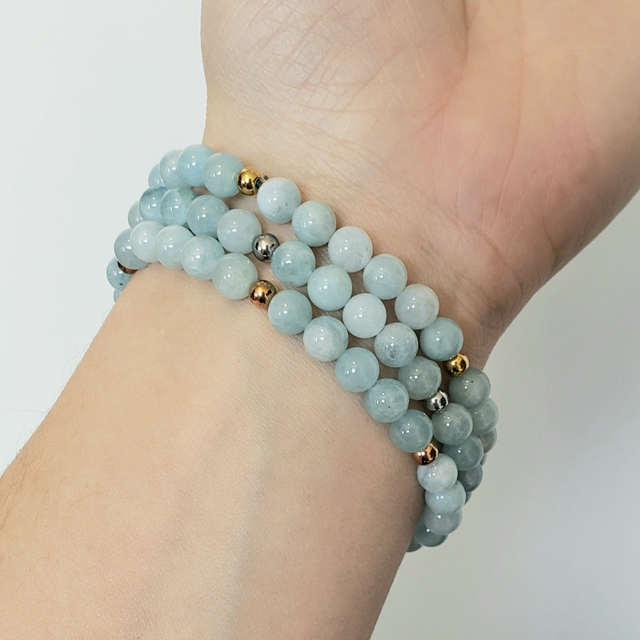 Aquamarine Bracelet- Small Beads - Mala & Me- Gemstones with beautiful geometric pendents inspired by nature- Jewlery used for meditation, setting intentions and enhancing your yoga practice. Each gemstone holds unique healing properties 