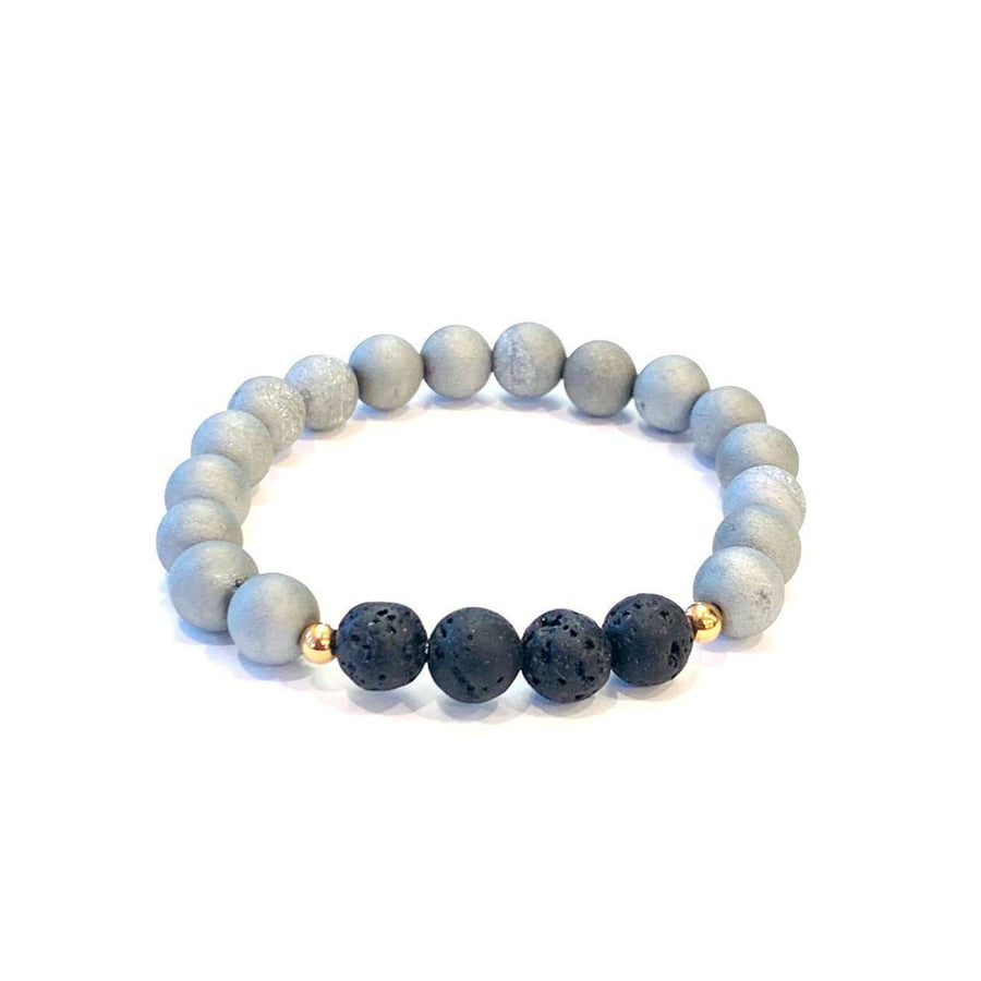 Matte Grey Druzy + Lava Bracelet - Mala & Me- Gemstones with beautiful geometric pendents inspired by nature- Jewlery used for meditation, setting intentions and enhancing your yoga practice. Each gemstone holds unique healing properties 