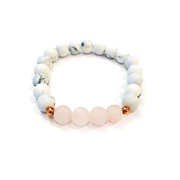 Matte Howlite + Rose Quartz Bracelet - Mala & Me- Gemstones with beautiful geometric pendents inspired by nature- Jewlery used for meditation, setting intentions and enhancing your yoga practice. Each gemstone holds unique healing properties 