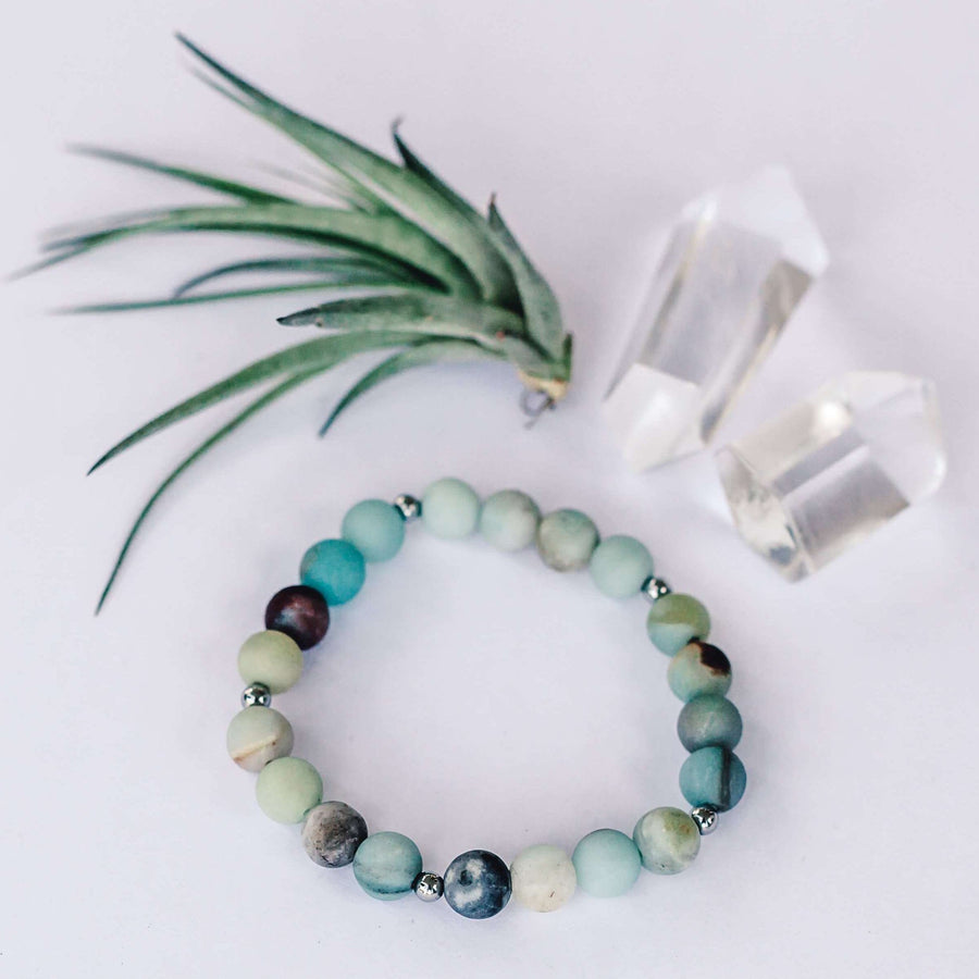 Matte Amazonite Bracelet - Mala & Me- Gemstones with beautiful geometric pendents inspired by nature- Jewlery used for meditation, setting intentions and enhancing your yoga practice. Each gemstone holds unique healing properties 